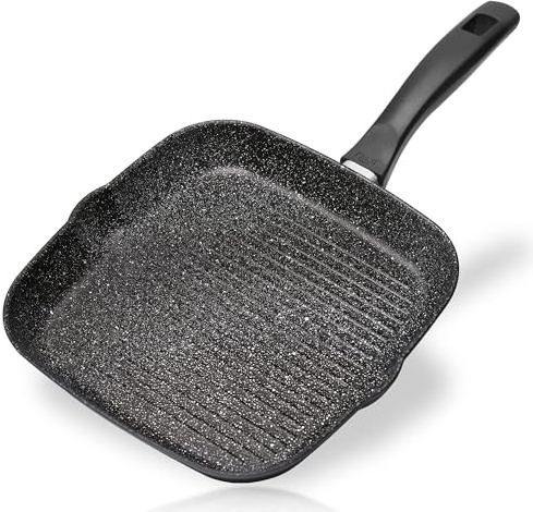 STONELINE Grillpfanne 28 x 28 cm, Aluguss Pfanne antihaftbeschichtet mit echten Steinpartikeln, Große Pfanne Induktion backofengeeignet, Steak Pfanne Eckig, Schwarz