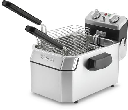 Waring Commercial WDF1000 Heavy Duty 10 lb. Single Basket Deep Fryer , Includes 3 Fry Baskets & Night-Cover-1800W, 120V, 5-15 Plug,Silver