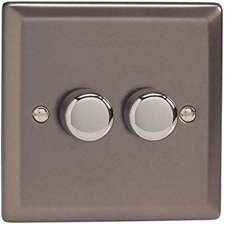 Varilight 2-Gang 2-Way V-Pro Push On/Off Rotary LED Dimmer 2 x 0-120W Pewter