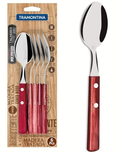 Tramontina Set Cucchiai da Tavola con Lame in Acciaio Inossidabile e Manici in Legno Trattato Polywood Rosso 6 Pezzi