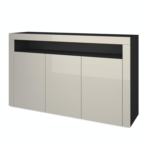 Vladon Sideboard Valencia, Kommode mit 3 Türen und 1 offenem Fach, Schwarz matt/Sandgrau Hochglanz (155 x 92 x 40 cm)