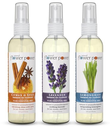 Natural Flower Power Air Freshener Spray - Odor Eliminator with Essential Oils for Home, Car & Fabric - Cruelty Free & Vegan - Variety Pack - Citrus & Spice + Lavender + Lemongrass - 3 x 4 fl oz