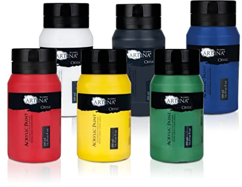Artina Colori acrilici per Pittura Crylic - Set da 6 x 500ml - per attività artistiche - Colori ad Alta pigmentazione - Set Pittura acrilica