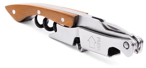 Pocket Prestige Waiters Corkscrew By Coutale Sommelier - Naturalwood - French Patented Spring-Loaded Double Lever Wine Bottle Opener for Bartenders and Gifts - Sharp Micro-Serrated Knife