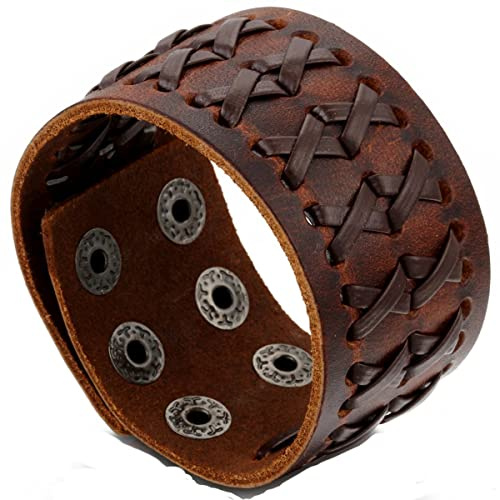 Flongo Herren Lederarmband Groß Breite Leder Echtleder Armband Armreif Lederarmband Manschette Gürtel Schwarz Braun Silber Punk Rock Biker Motorradfahrer Einstellbar Verstellbar Herren Accessoires
