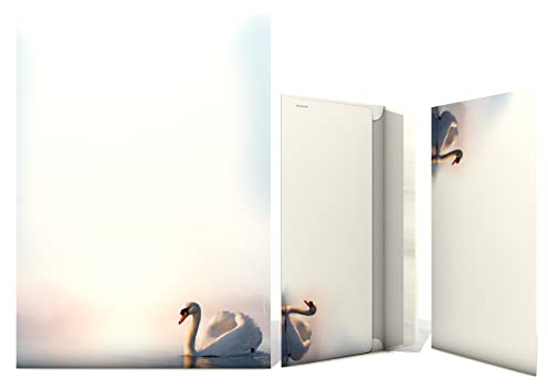 Motivpapier-Set Schwan, 20 Blatt A4 + 20 komplett bedruckte Briefumschläge DIN LANG, fürLaser/Ink/Copy/Hand