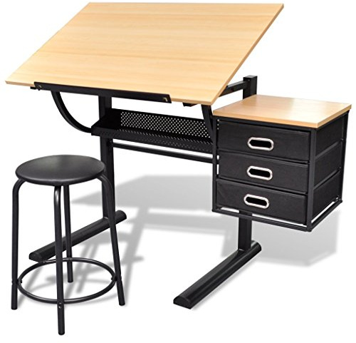 Anself - Mesa De Dibujo con Cajones Y Taburete, Escritorio Inclinable con Silla Y Tablero para Pintar Escribir