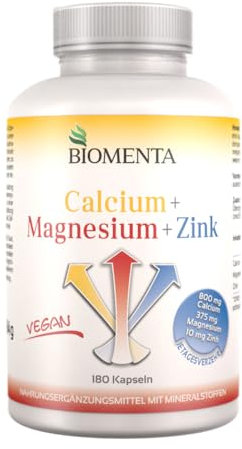 BIOMENTA Calcium + Magnesium + Zink – 180 hochdosierte, vegane Multimineralien Kapseln mit 100% NRV - Premiumqualität
