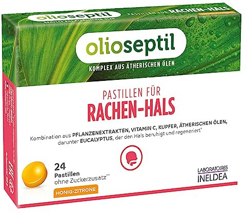 OLIOSEPTIL - Pastillen für Rachen-Hals - ohne Zuckerzusatz - Pflanzenextrakten, Vitamin C, Kupfer und ätherischen Ölen - Der den Hals beruhigt - 24 Pastillen - Honig-Zitrone