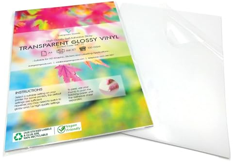 Evergreen Goods 15 Hojas A4 Papel Transparente Brillante Autoadhesivo para Impresora de Inyección de Tinta, Hojas de Vinilo Adhesivo Imprimible, Papel Transparente para Imprimir Etiquetas y Adhesivos