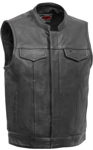 First Mfg Co - Sharp Shooter - Men’s Motorcycle Leather Vest Classic Biker Riding Vest Banded Collar, Covered Snaps, YKK Zippers (Black - 2XL)