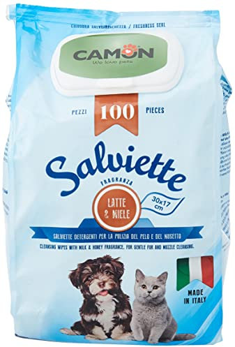 CAMON | Salviette Detergenti per Cani e Gatti, 30x17 cm, Confezione da 100 Pezzi, Fragranza Latte e Miele, Senza Alcool etilico né Parabeni, Made in Italy, Il pacchetto può variare
