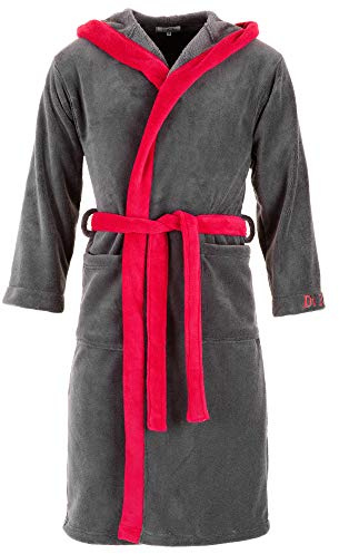 Di Ficchiano Monza badrock för män med huva I fluffig morgonrock I nattkläder av ädel mikrofiber I kimono med färg- och storleksurval S – 5XL I badrock Öko-Tex Standard 100, Grå röd, L