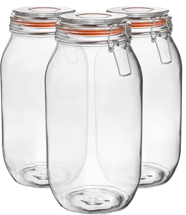 Argon Tableware Glass Jars with Airtight Metal Clip Lid - 2000ml/70.3oz - 6 Pack - 4 Colour Seals - Extra Large Storage Container Round Preserving Jar for Pickling, Chutney, Jam, Coffee, Biscuit