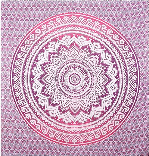 Bless International Indian Traditional Mandala Hippie Wall Hanging, Cotton Tapestry Ombre Bohemian Bedspread (Twin (54x72 Inches)(140x185 Cms), Pink/White)