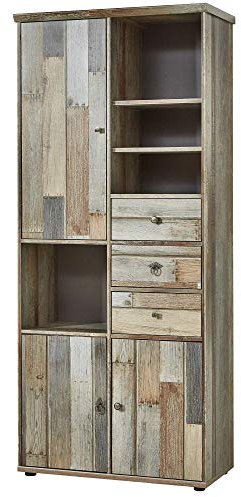 Stella Trading Bonanza Vintage Wohnzimmerschrank in Driftwood Optik - Retro Schrank mit viel Stauraum für Ihr Wohnzimmer - 83 x 188 x 39 cm (B/H/T)