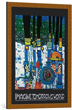 kunst für alle Bild mit Bilder-Rahmen: Friedensreich Hundertwasser Stell dir die Welt von Morgen vor blau - dekorativer Kunstdruck, hochwertig gerahmt, 59x84 cm, Kupfer gebürstet