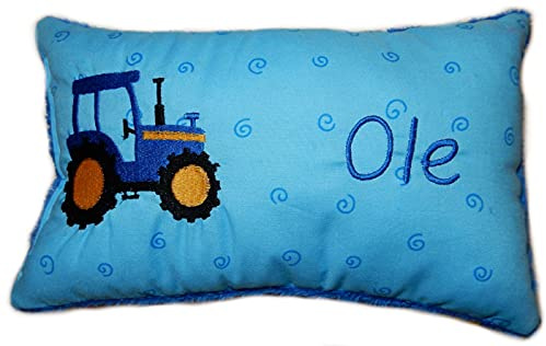 Momelie Blaues Schmusekissen * Kuschelkissen * Blauer Traktor * mit Namen Bestickt * 17 x 29 cm * SK-bl_0088