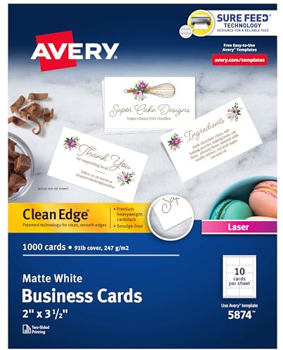 Avery Clean Edge Printable Business Cards, Sure Feed Technology, 2 x 3.5, White, 1,000 Blank Cards for Laser Printers (5874)