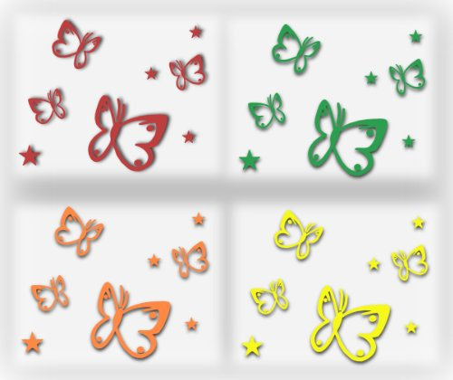XL MIXED SET Fahrradaufkleber, Schmetterlinge mit Sternen ~Hippie Rainbow~, 32 Stück Autoaufklebe bunte Sticker Outdoor, Wandtattoo & Fensterbild in 4 Farben, gelb,rot, grün, orange