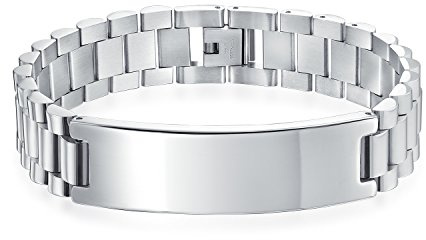 Bling Jewelry Pulsera de identificación personalizable con placa de nombre, cadena tipo eslabón, para hombre, nombre personalizado grabado, tono plateado, acero inoxidable, 8.5 pulgadas.