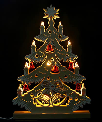 3D LED - Schwibbogen-Spitze Tanne 44cm mit roten Glöckchen & Raureif - Handarbeit Erzgebirge