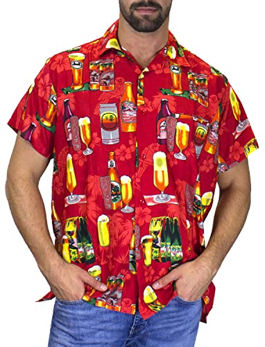 V.H.O. Funky Camisa-Hawaiana, Manga-Corta, Beerbottle, Rojo, XL