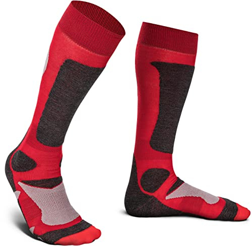 Piarini 2 Paar Unisex Skisocken Skistrumpf Herren Damen Wintersport Snowboard atmungsaktive Knie-Strümpfe Rot Gr.35-38
