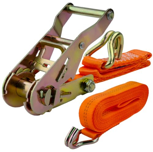 Spanngurt mit Ratsche und Haken, 25mm breit 5m lang, bis 1500kg, Spanngurtee orange, Zurrgurt für Ladungssicherung, Spanngurt mit Doppelspitzhaken, Gurtband, Zurrgurte 5m