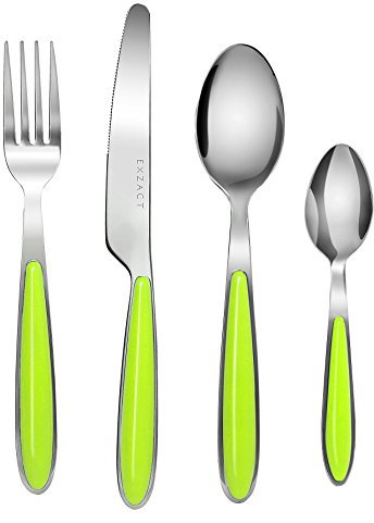 EXZACT Rostfrei Stahl Besteck Set einem Plastikhalter 16 PCS - Farbige Griffe - 4 Gabeln, 4 Messer, 4 Löffel, 4 Teelöffel - Grün (EX07 x 16)