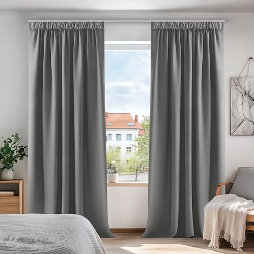 Deconovo Gardinen Blickdicht Kräuselband Gardinen Wohnzimmer Thermo Vorhang Verdunkelung, 229x229cm(HöhexBreite), Dunkelgrau, 2er Set