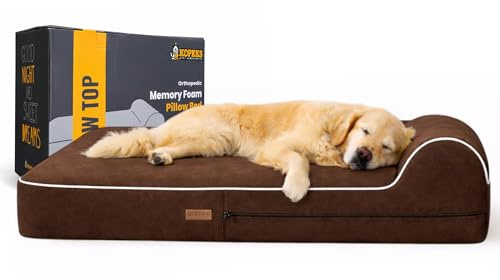 KOPEKS Orthopedic Memory Foam Dog Bed 7 Inch Thick Extra Large Dog Bed With Pillow Brown 50x34x10 Includes Waterproof Liner & Durable Removable Cover With Smart Design