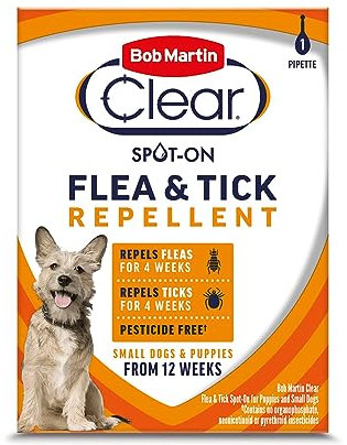 Bob Martin Clear Flea & Tick Spot On Repellent Treatment for Small Dogs and Puppies, 4 Week Protection