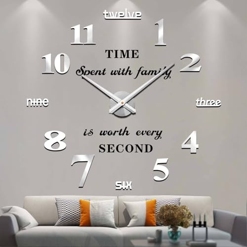 VANGOLD Large Wall Clocks for Living Room Decor, DIY Wall Clock Modern 3D Wall Clock with Mirror Numbers Stickers for Home Office Decorations Ideas (Black)