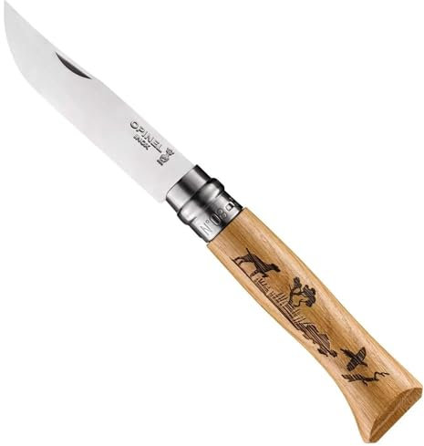 Opinel Messer - Größe 8 - Animalia - Motiv Hund - Sandvikstahl 12C27 - rostfrei - Eichenholz Griff, Braun