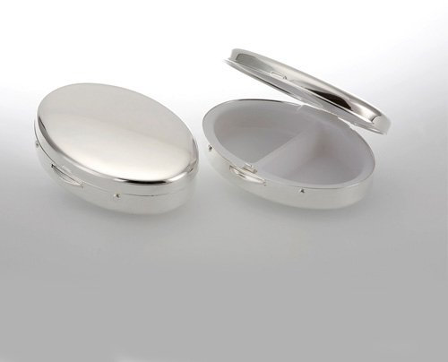 Pillendose Metall Eckig silber zwei Fächer Reise-Pillendose zeitlos oval