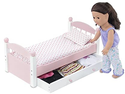 Emily Rose 18 Doll Pink Trundle Bed with Pull-Out Storage Drawer & 3-PC Bedding Set - Stackable Design - Fits American Girl Dolls - Wooden Bedroom Furniture