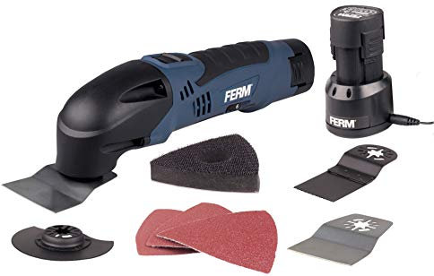 FERM Utensile Multifunzione a Batteria ioni di Litio 12V - 1.5Ah. Include 8 Accessori e Custodia. Velocità variabile