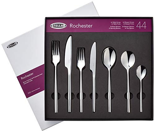 Stellar Rochester - Cubertería de acero inoxidable de 44 piezas para 6 platos con 2 cucharas de servir