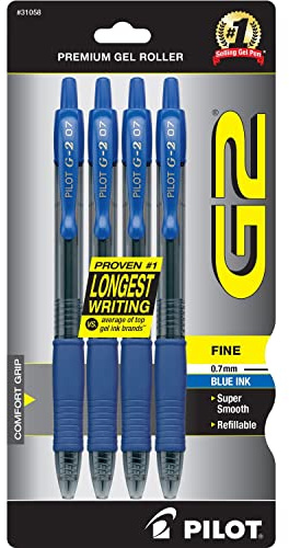 PILOT G2 Premium Refillable and Retractable Rolling Ball Gel Pens, Fine Point, Blue Ink, 4-Pack (31058)