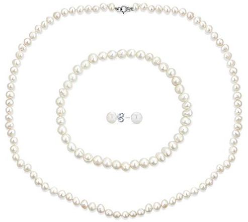 Bling Jewelry Weiße Handgeknüpfte Süßwasser-Zuchtperlen-Strang-Halskette 18 Stretch-Armband Kugel-Ohrringe 6Mm 3Pcs-Schmuck-Set Für Frauen
