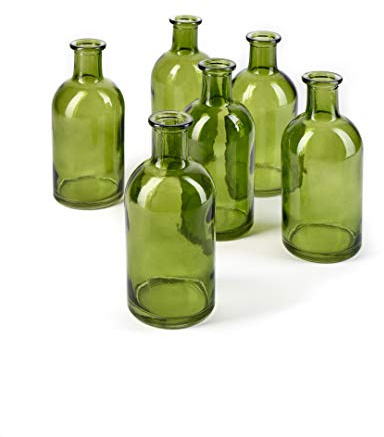 Serene Spaces Living Bud Vases, Apothecary Jars, Decorative Glass Bottles, Centerpiece for Wedding Reception, Mini Flower Vases, Small Medicine Bottles for Home Decor (Dark Green, Set of 6)