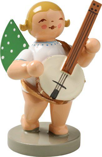 Wendt & Kuhn Handbemalter Engel aus Holz mit Banjo, Made in Germany, Sammlerstück, Weiß