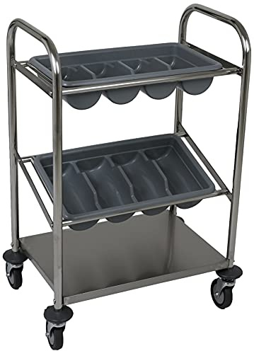 Saro Besteckwagen aus Edelstahl – 2 Besteckbehälter – Ablagefläche unten – Für Teller, Tassen, Gläser – 4 Rollen (2 gebremst) – Modell INES