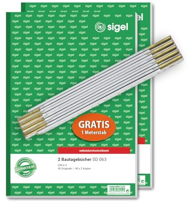 SIGEL SY281 Aktion: 2 Bautagebücher A4 (SD063), 3x40 Blatt, selbstdurchschreibend und gratis Meterstab, aus nachhaltigem Papier | SY281, Selbstdurchschreibend, mit Meterstab, aus nachhaltigem Papier