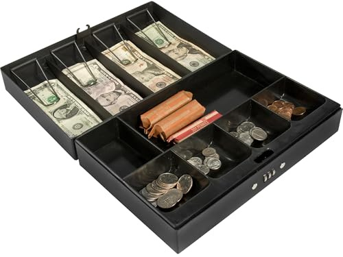 BARSKA 12-Inch Cash Box and 6 Compartment Tray with 4 Bill Holder , Black, Medium