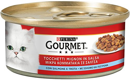 GOURMET Rosso Cibo Umido per Gatti Adulti Tocchetti Mignon in Salsa con Salmone e Trota 24 Lattine da 195g