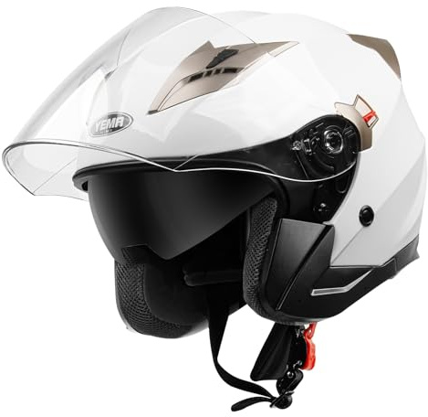 Motorcycle Open Face Helmet DOT Approved - YEMA Helmet YM-627 Motorbike Moped Jet Bobber Pilot Crash Chopper 3/4 Half Helmet with Sun Visor for Adult Men Women - White,Medium