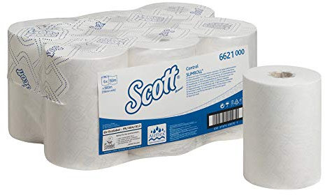 Kimberly-Clark F24034 SCOTT Rollenhandtuch, Hülse mit Clip, 1-lagig, Control, Weiß, 150m Länge, 6 Stück