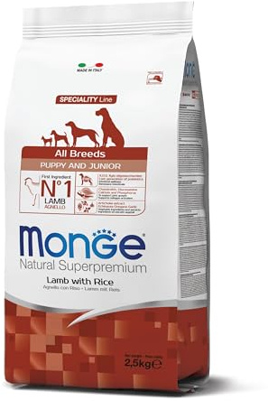 Monge Natural Superpremium Puppy and JUNIOR Lamb and Rice, Hundefutter für alle Rassen (Welpenfutter, Trockenfutter für Hunde mit Lamm & Reis, sehr Ballaststoff- & Vitaminreich, 2,5 kg)